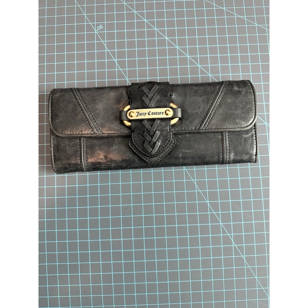 Juicy Couture Clutch Wallet in Slate Gold Soft Distressed Leather Vintage Y2K - Picture 1 of 12